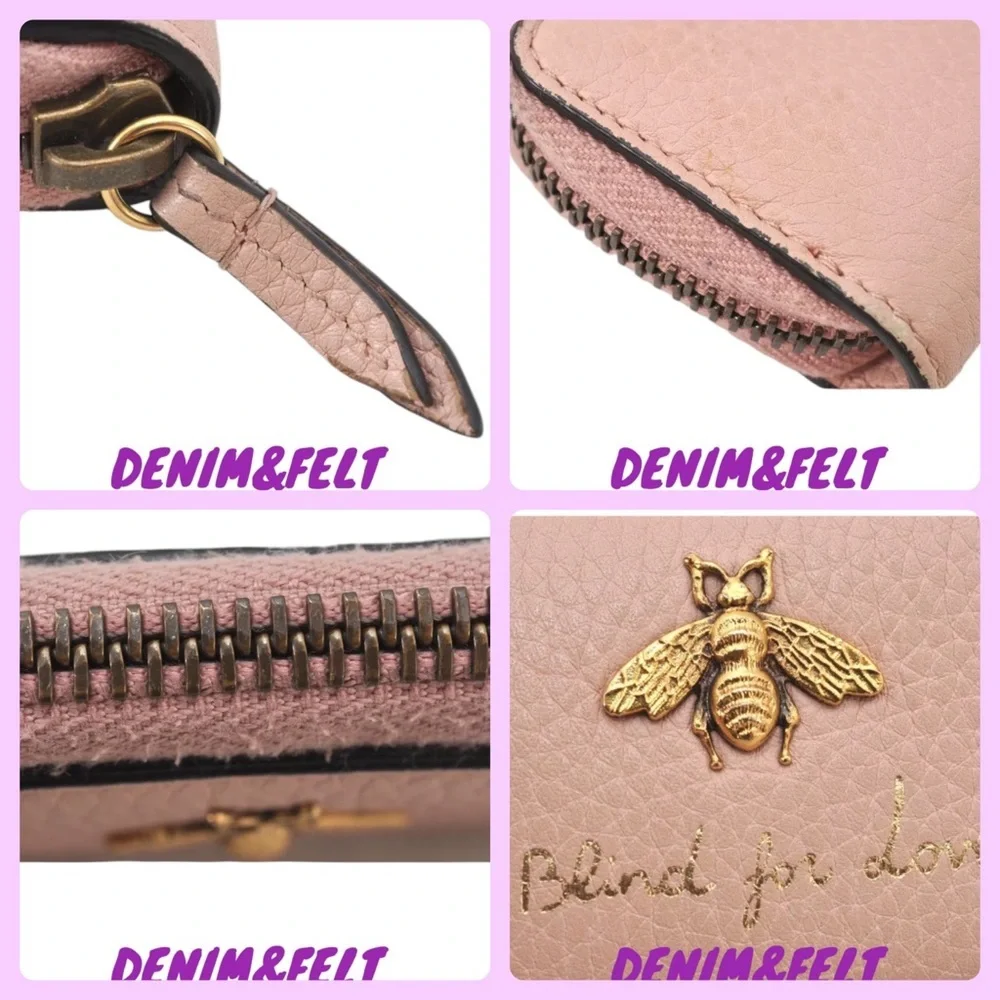 🐝GUCCI Pink Cellarius Calfskin Blind For Love Animalier‎ Zip  Key Case/Pouch